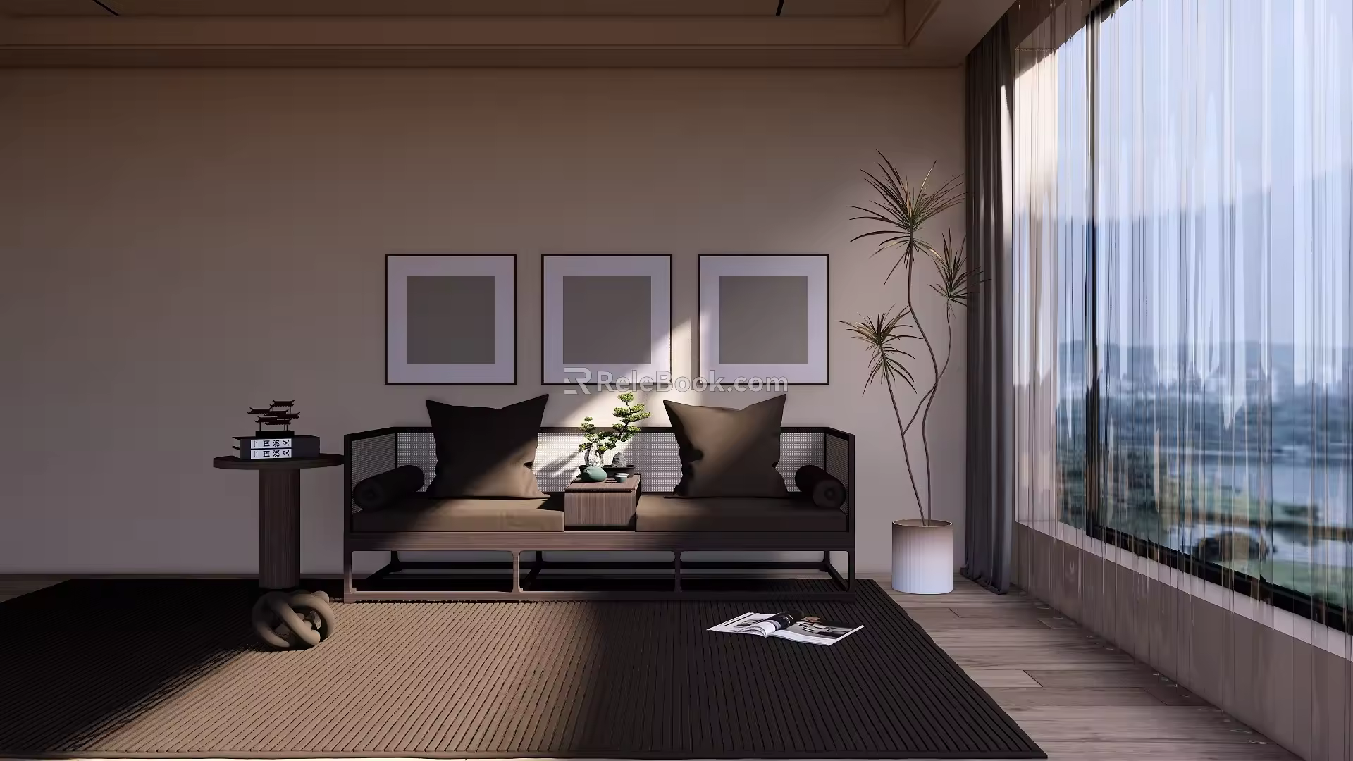 New Chinese style home guest restaurant sofa combination dining table and chair combination chandelier curtain loose shape 3d model