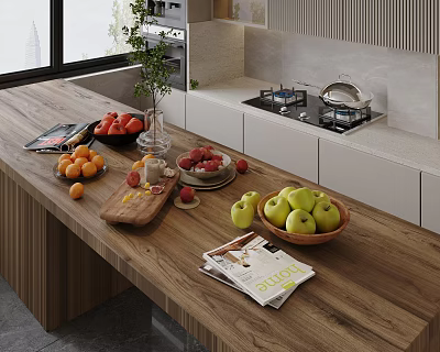 Fresh Assorted Fruits Including Apples Oranges And Berries On Modern Kitchen Countertop 3d model