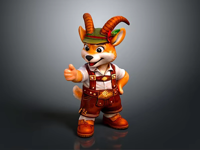 Cute Cartoon Goat Character Wearing Traditional Costume Green Hat Thumbs Up Gesture 3d model