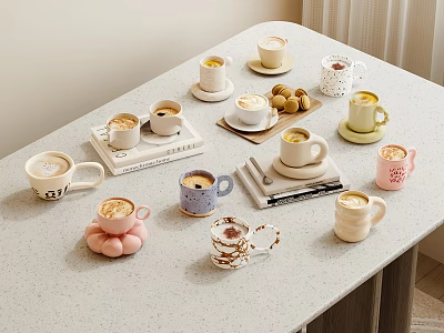 Assorted Coffee Cups And Mugs With Cookies On Light Colored Kitchen Countertop 3d model