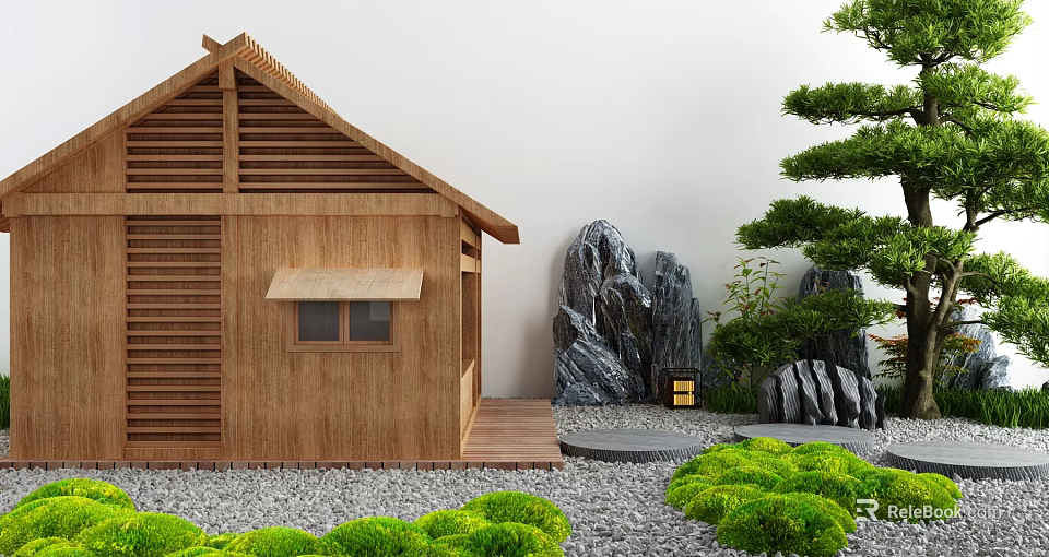 Traditional Wooden House Featuring Sloped Roof Wooden Shutters Rockery Greenery Gravel Ground and Small Lantern 3d model 