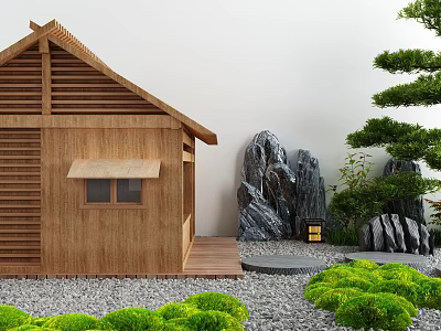 Traditional Wooden House Featuring Sloped Roof Wooden Shutters Rockery Greenery Gravel Ground and Small Lantern 3d model