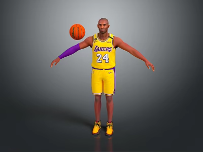 Man In Yellow Lakers 24 Jersey Holding Basketball With Purple Arm Sleeve And Yellow Shoes 3d model