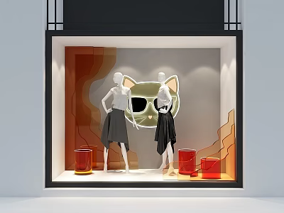 Fashion Window Display With Mannequins In Black Skirts And Cat Shaped Decor 3d model