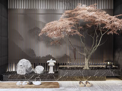 Garden Ornaments In Japanese Style Featuring Red Maple Tree Stone Lantern And Rocks 3d model