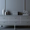 Green Drawer TV Stand With Gold Handles Dark Frame And Decorative Items On Gray Wall