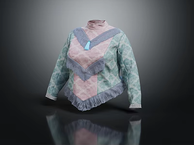 Lace Trimmed Fringe Hem Knitted Top in Pink and Light Green with Blue Pendant 3d model
