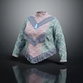 Lace Trimmed Fringe Hem Knitted Top in Pink and Light Green with Blue Pendant