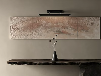 Abstract Triptych Painting With Neutral Tones Texture Wall Mounted Above Wooden Table And Black Vase 3d model