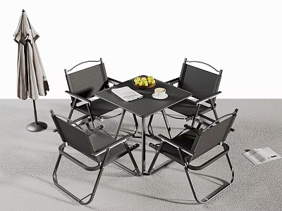 Outdoor Table And Chairs Set With Umbrella Fruits Newspaper And Magazine 3d model