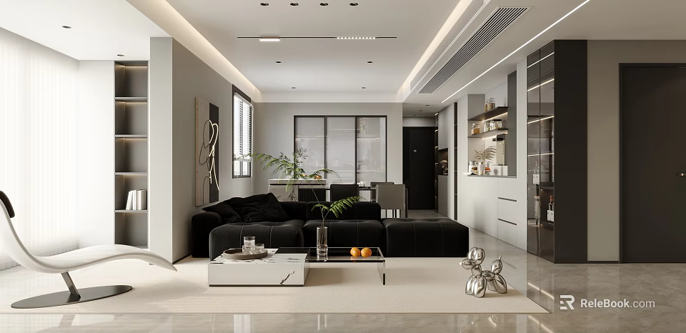 Modern Living Dining Room Interior With Black Sofa White Coffee Table And Green Plants 3d model 