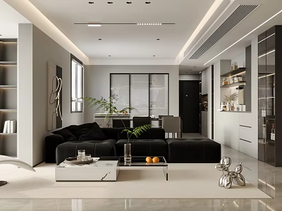 Modern Living Dining Room Interior With Black Sofa White Coffee Table And Green Plants 3d model