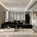 Modern Living Dining Room Interior With Black Sofa White Coffee Table And Green Plants