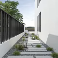 Relaxing Outdoor Wooden Deck With Patio Table Chairs Building Trees And Umbrella