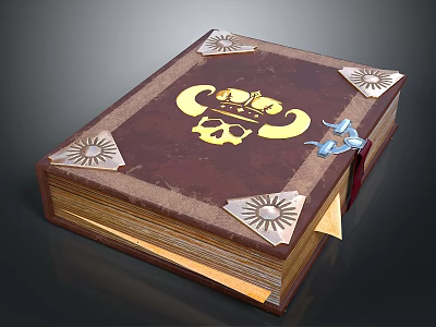 Decorative Brown Cover Book With Golden Skull Crown Design Metal Corner Accents And Blue Ribbon 3d model