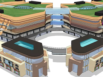 Modern Commercial Complex Design With Green Roofs Open Central Space And Water Features 3d model