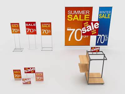 Apparel Clothing Rack Display With Summer Winter Sale 70 Percent Off Promotion Signs 3d model