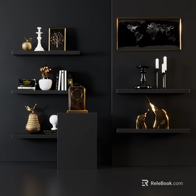 Stylish Decorative Ornament Set with Gold White Figurines and Black Shelves 3d model 