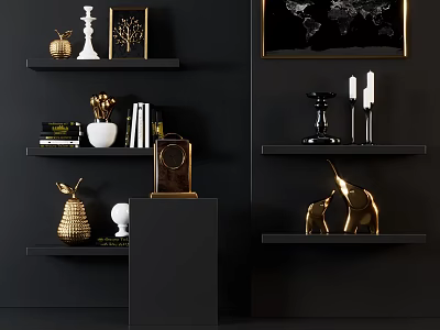 Stylish Decorative Ornament Set with Gold White Figurines and Black Shelves 3d model