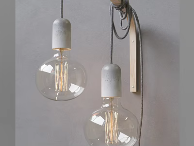 Stylish Lighting Combination with Two Clear Glass Bulbs Gray Sockets and Wooden Bracket 3d model