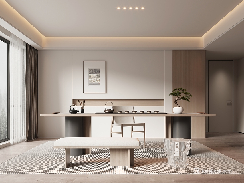 Modern Minimalist Tea Room Design With Long Tea Table Teaware Wooden Elements And Potted Plant 3d model 