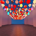 Numerous Colorful Lanterns Hanging in Hall with Brick Floor Blue Ceiling and Pink Walls