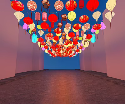 Numerous Colorful Lanterns Hanging in Hall with Brick Floor Blue Ceiling and Pink Walls 3d model