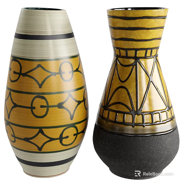 Hand Painted Ceramic Vessels With Yellow Black Geometric Patterns And Decorative Details 3d model 
