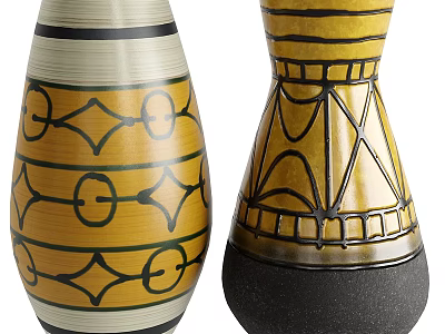 Hand Painted Ceramic Vessels With Yellow Black Geometric Patterns And Decorative Details 3d model