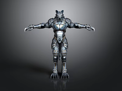 Wolf Headed Humanoid Mechanical Armor Figure With Silver Metallic Claws And Armor 3d model