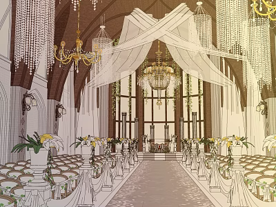 Sacred Church Interior With Elegant Chandeliers Floral Arrangements And Worship Altar 3d model