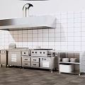 Stainless Steel Kitchen Appliances Range Hood Stove And Cabinets On White Tiled Wall Gray Floor
