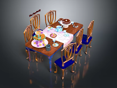 Elegant Classic Dining Furniture Set With Wooden Table Blue Cushioned Chairs And Decorative Dinnerware 3d model