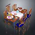 Elegant Classic Dining Furniture Set With Wooden Table Blue Cushioned Chairs And Decorative Dinnerware