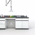 Laboratory Interior Setup With White Cabinets Black Countertop Faucet Reagent Bottles And Stool