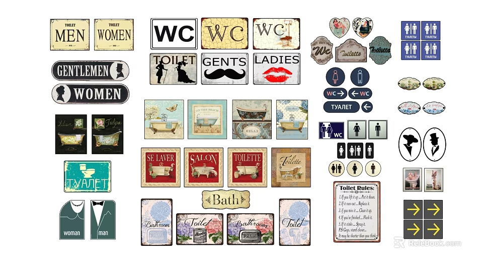 Bathroom Directional Signs Collection With Gents Ladies Indicators And Vintage Designs 3d model 