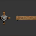 Silver Medieval Helmet On Wooden Stand With Wooden Rack And Metal Hooks