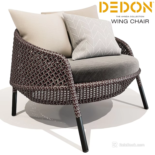 Wing Chair With Woven Rattan Frame Gray Seat Beige And Geometric Pattern Cushions 3d model 