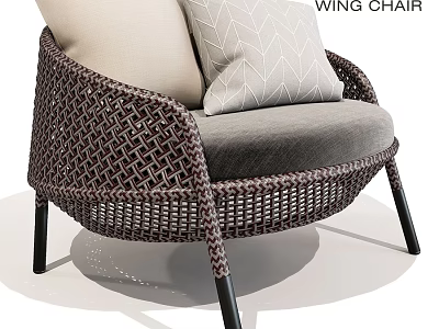 Wing Chair With Woven Rattan Frame Gray Seat Beige And Geometric Pattern Cushions 3d model