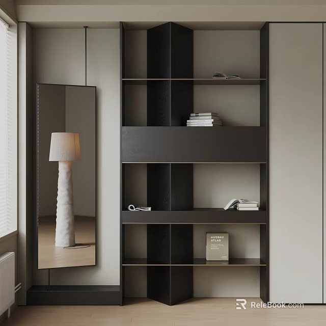 Modern Dark Layered Bookcase with Books Decor Items Mirror and Lamp in Interior 3d model 
