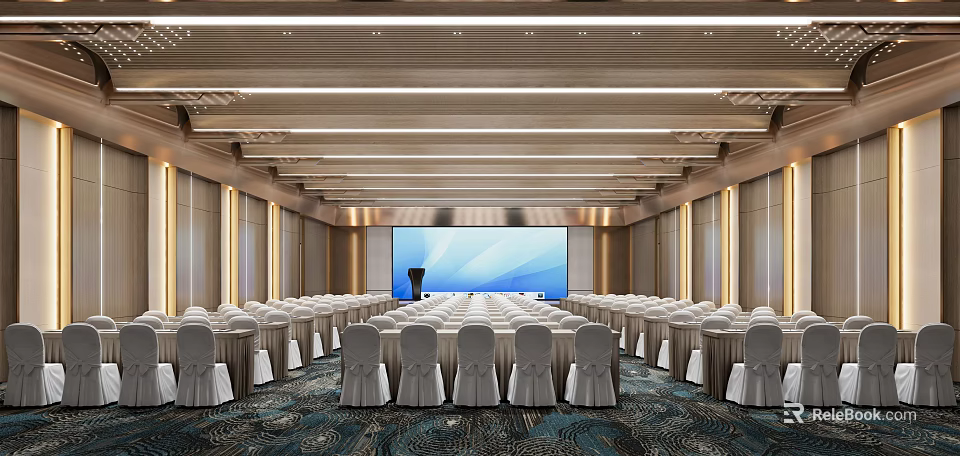 Spacious Conference Room With Neatly Arranged White Chairs Podium Large Screen And Ceiling Light Strips 3d model 