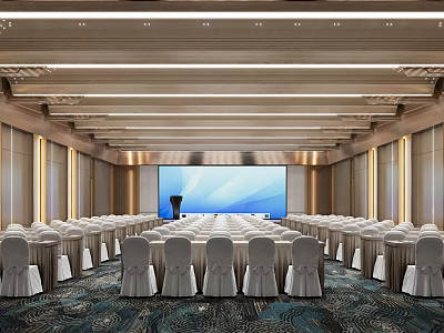 Spacious Conference Room With Neatly Arranged White Chairs Podium Large Screen And Ceiling Light Strips 3d model