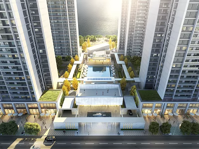 Aerial View Planning of High Rise Residential Complex With Central Open Space and Landscaped Greenery 3d model