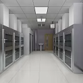 Spacious Laboratory Corridor With White Cabinets Glass Doors Sink And Ceiling Lights
