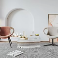 Pink Beige Armchairs With Glass Coffee Table In Living Room With Arched Wall Abstract Painting