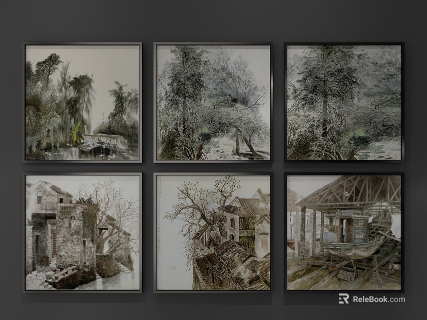 Traditional Rural Landscape Paintings with Old Houses Trees and River Views 3d model 