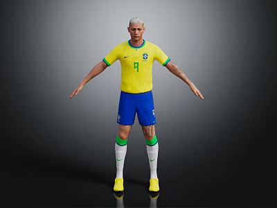 Man wearing Brazil jersey number 9 blue shorts white green socks yellow shoes dark background 3d model