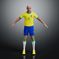 Man wearing Brazil jersey number 9 blue shorts white green socks yellow shoes dark background