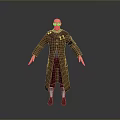 3D Character Model Wearing Brown Long Coat Blue Glasses Extended Arms And Decorative Buttons