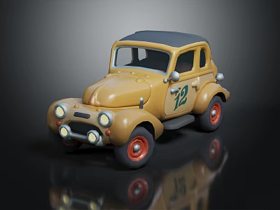 Vintage Yellow Car With Number 12 Red Wheels And Dark Roof 3d model